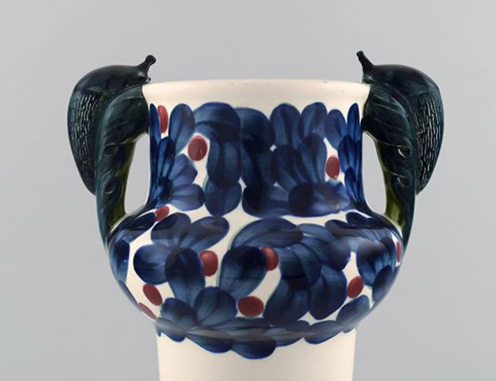Aluminia, Copenhagen, rare snail vase, hand painted with snails and floral motifs. - 3