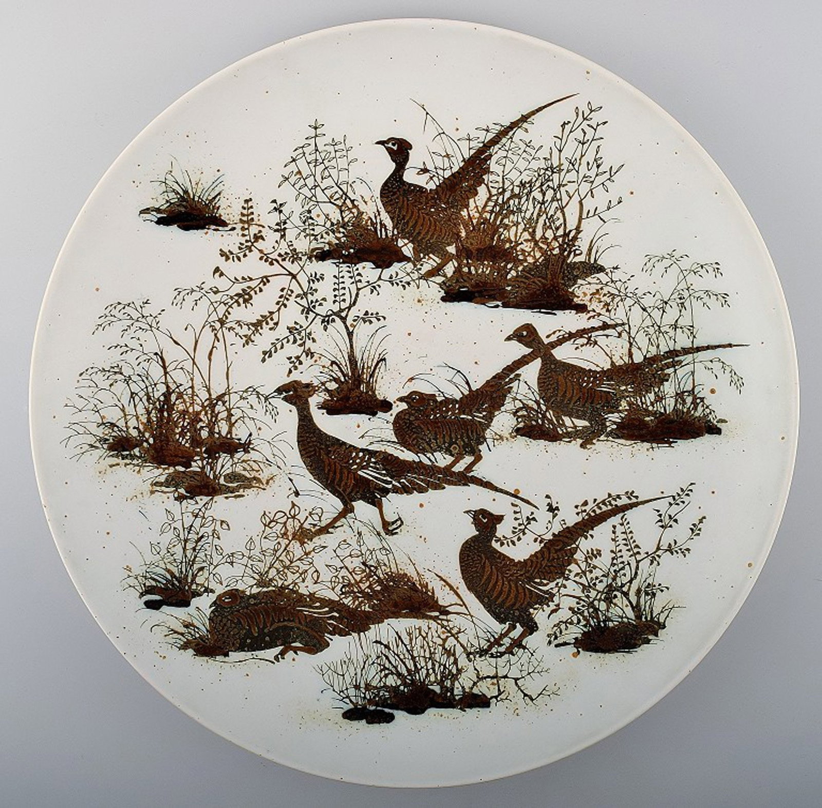 Nils Thorsson, Royal Copenhagen large earthenware/faience dish with pheasants # 1066/5371. (1 of 3)
