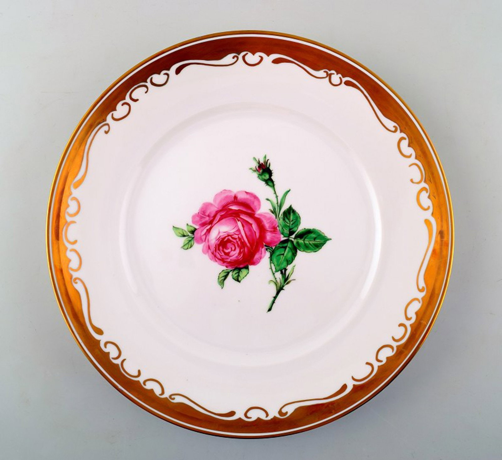 6 Royal Copenhagen large plates, hand painted with a pink rose. (1 of 3)