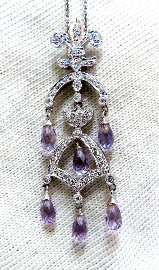 2.50ct Natural Briolette Amethyst Diamonds English Crest Dangle Necklace 14kt**: Title: 2.50ct Natural Briolette Amethyst Diamonds English Crest Dangle Necklace 14kt** Description: MAGNIFICENT JEWELS 2.00ct. Natural Amethyst Purple even tone, Clean clarity Briolette cuts. Each ame