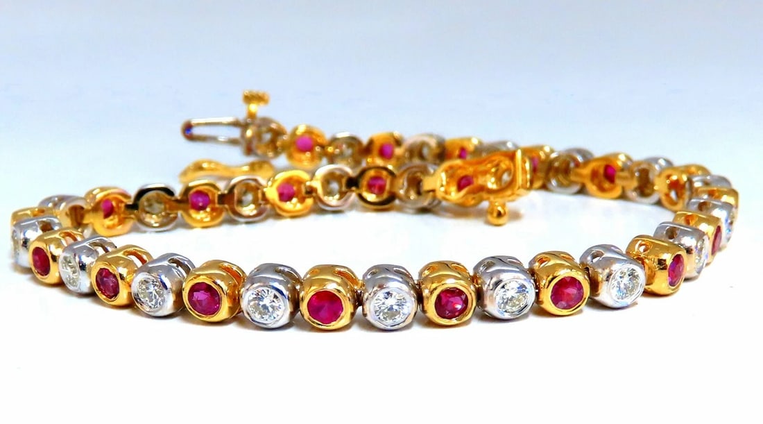 3.84ct Natural Ruby Diamonds Tennis Bracelet Alternating Two Toned 14kt**: Title: 3.84ct Natural Ruby Diamonds Tennis Bracelet Alternating Two Toned 14kt** Description: Ruby & Classic Alternating Tennis. 2.24ct. Natural ruby bracelet. Rounds, full cuts Clean clarity Transpar