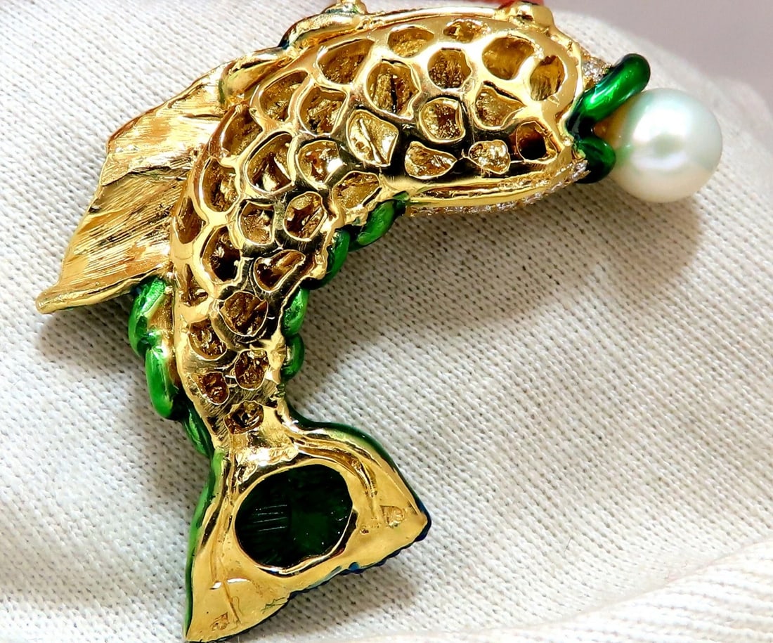 Natural Akoya Pearl Sapphire Emerald & Diamonds Enamel Fish Pendant 18kt** - 2