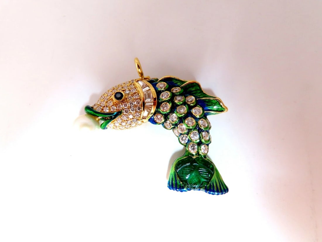 Natural Akoya Pearl Sapphire Emerald & Diamonds Enamel Fish Pendant 18kt** - 9