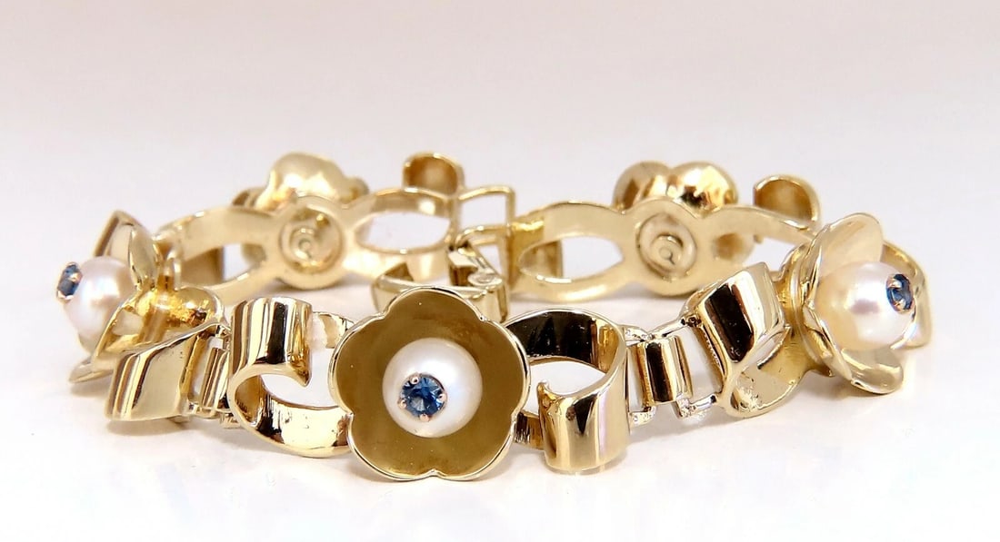 .50ct Natural Sapphires within Pearls Vintage Clover Bracelet 14 Karat Vintage** - 2