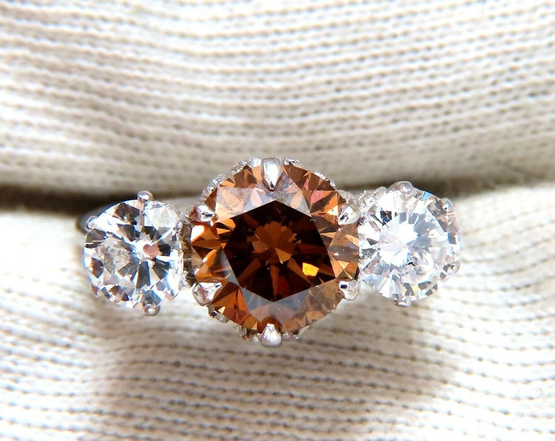 GIA certified 3.64ct Fancy Brown Orange Diamond ring 18 Karat Three Stone *v - 5