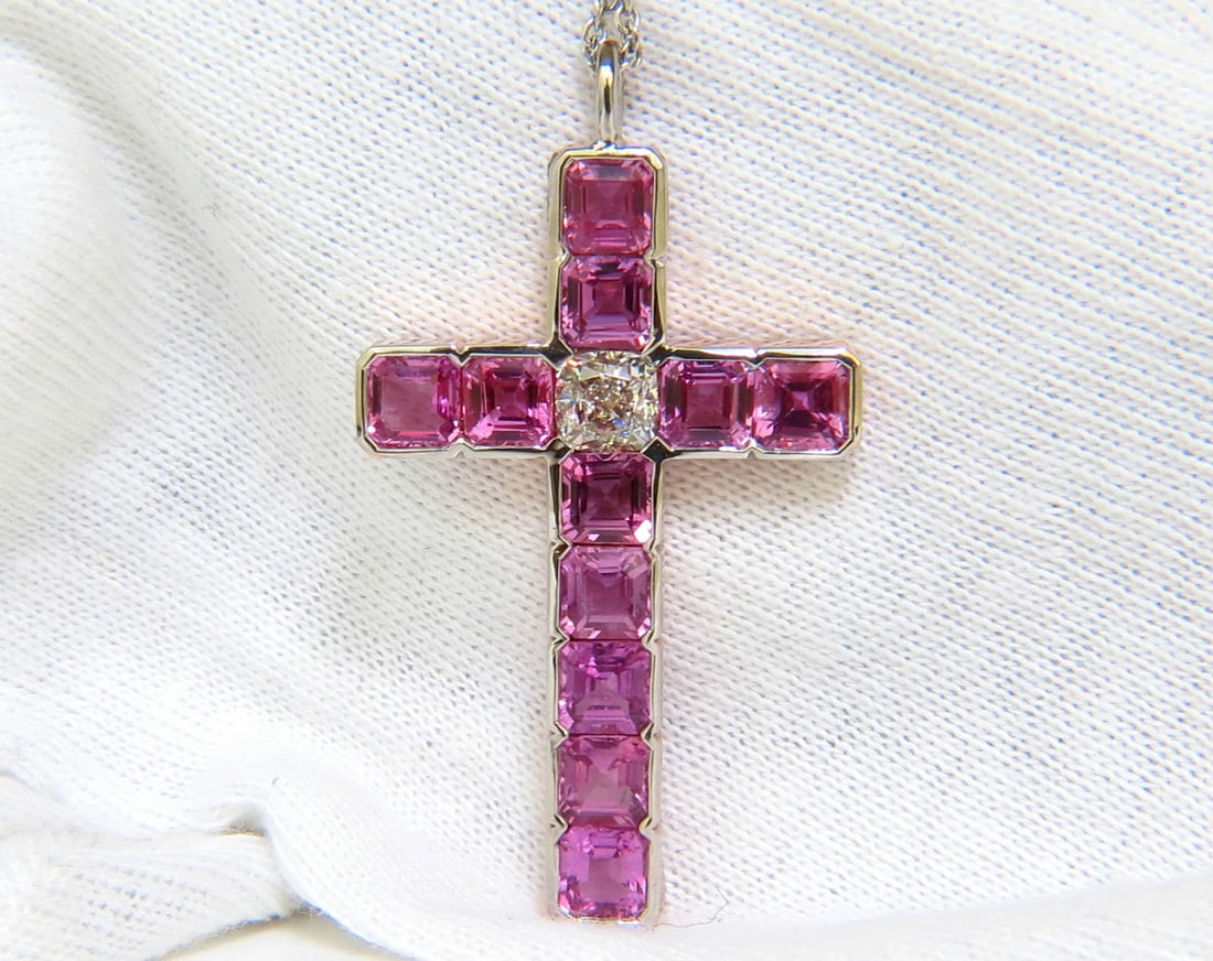 18KT GIA 10.41CT NATURAL PINK SAPPHIRE DIAMOND CROSS PENDANT NECKLACE ** - 11
