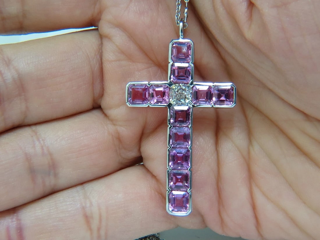 18KT GIA 10.41CT NATURAL PINK SAPPHIRE DIAMOND CROSS PENDANT NECKLACE ** - 6