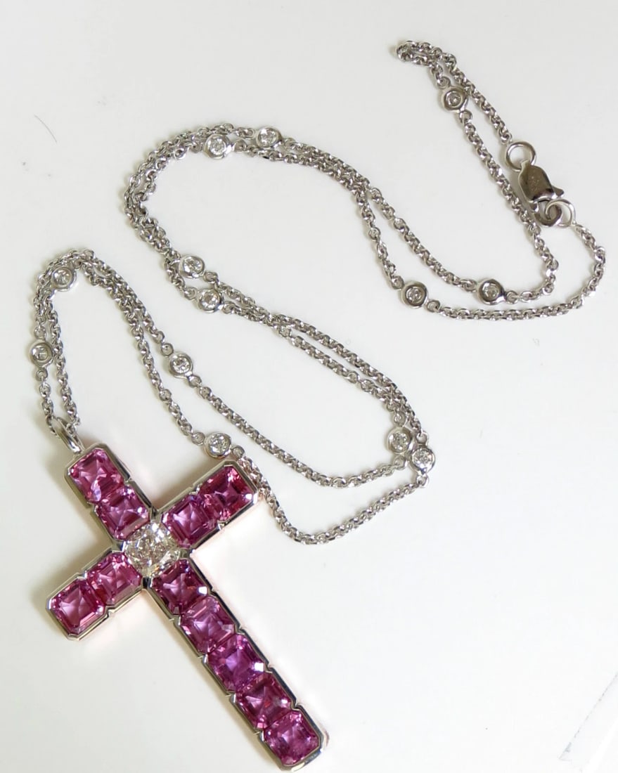 18KT GIA 10.41CT NATURAL PINK SAPPHIRE DIAMOND CROSS PENDANT NECKLACE ** - 7