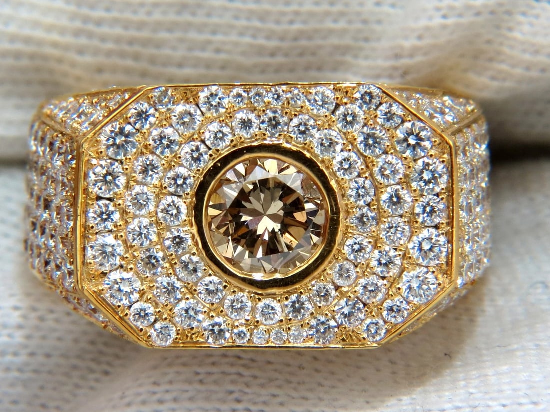5.60ct. mens natural fancy light brown diamond master bead set pave ring *v - 3