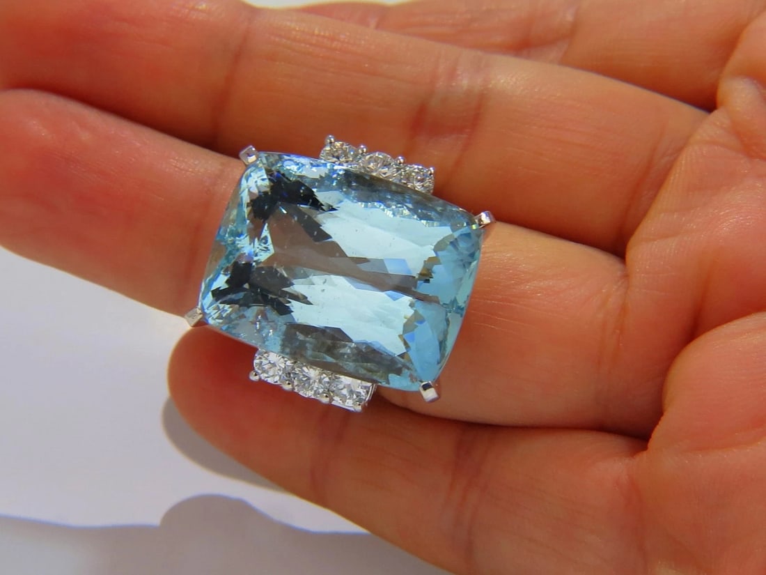 GIA CERTIFIED 39.10ct NATURAL CUSHION CUT AQUAMARINE DIAMONDS RING 14kt *v - 9