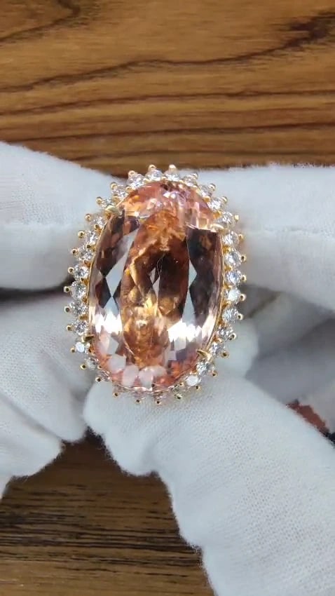 GIA Certified 36.18ct Natural Orangy Pink Morganite Diamonds Ring 18kt*v - 2