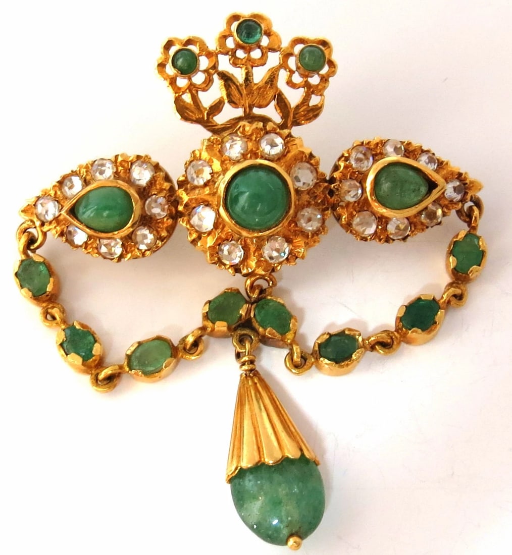 18KT VINTAGE NATURAL EMERALDS & WHITE SAPPHIRES MEDALLION DANGLE BROOCH PIN** - 11