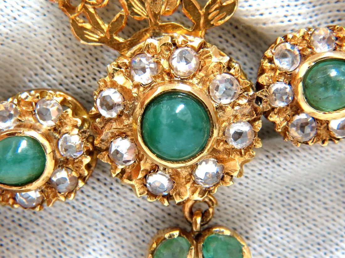 18KT VINTAGE NATURAL EMERALDS & WHITE SAPPHIRES MEDALLION DANGLE BROOCH PIN** - 2