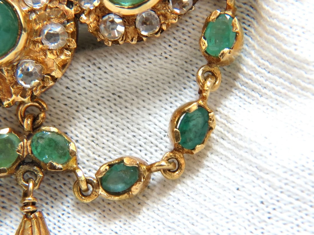 18KT VINTAGE NATURAL EMERALDS & WHITE SAPPHIRES MEDALLION DANGLE BROOCH PIN** - 5