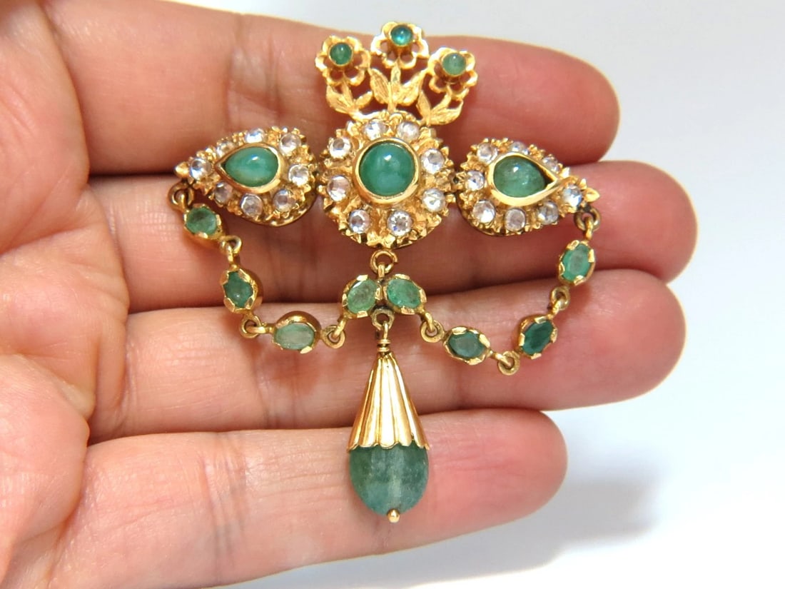 18KT VINTAGE NATURAL EMERALDS & WHITE SAPPHIRES MEDALLION DANGLE BROOCH PIN** - 8