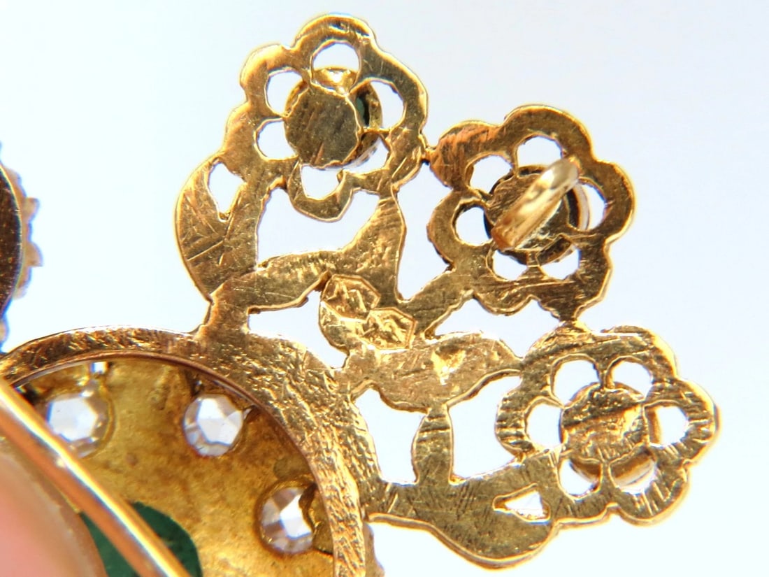 18KT VINTAGE NATURAL EMERALDS & WHITE SAPPHIRES MEDALLION DANGLE BROOCH PIN** - 9