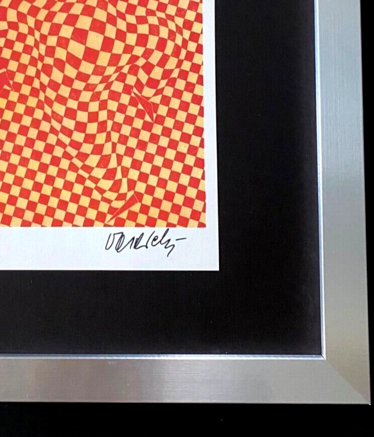 Signed Victor Vasarely 1970's Print Geometric Abstract Framed Art Piece 14x11in. - 2