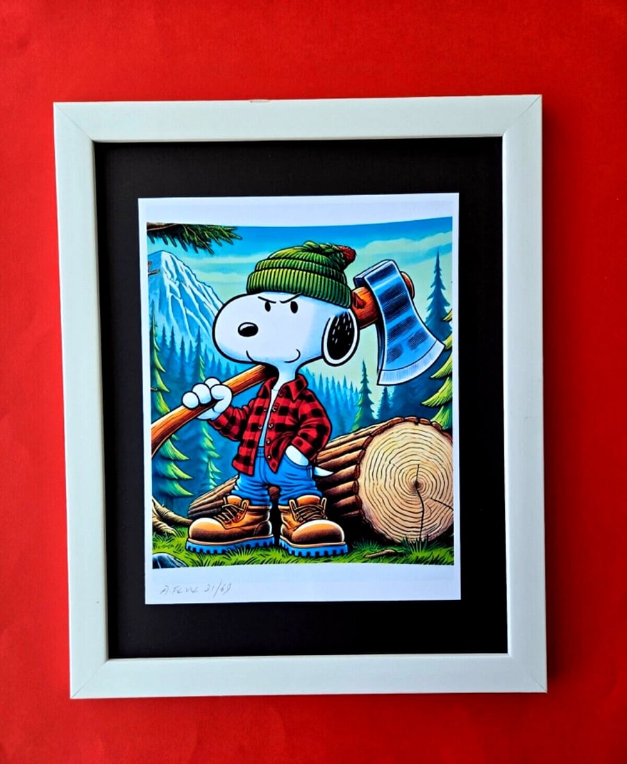 AIDAN FLUX | Hand Signed Authentic Print Framed SNOOPY IS A LUMBERMAN COA: This is a one-of-a-kind Hand Signed Authentic Giclee by AIDAN FLUX. From his Series "American Icons" The print is 10x8in., measuring framed 16 inches in height and 12 inches in width, it comes framed 