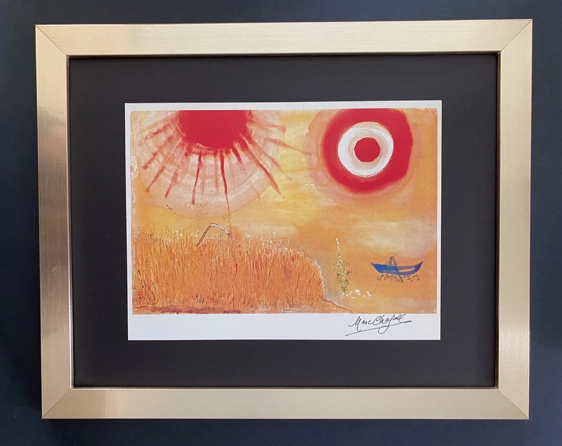 MARC CHAGALL | ORIGINAL VINTAGE 1975 PRINT | SIGNED | MOUNTED AND FRAMED: Beautiful and Scarce Original 1975 Print After Marc Chagall "The Dream" Facsimile Signature in Ink Published by Verlag Schauberg in Koln, West Germany Art Print is about 11 1/2 X 9 in. This piece is m