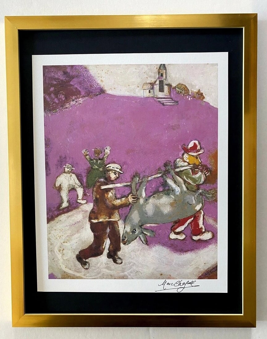 MARC CHAGALL | ORIGINAL VINTAGE 1975 PRINT | SIGNED MOUNTED AND FRAMED: Beautiful and Scarce Original 1975 Print After Marc Chagall Facsimile Signature in Ink Published by Verlag Schauberg in Koln, West Germany Art Print is about 11 1/2 X 9 in. This piece is mounted on a 