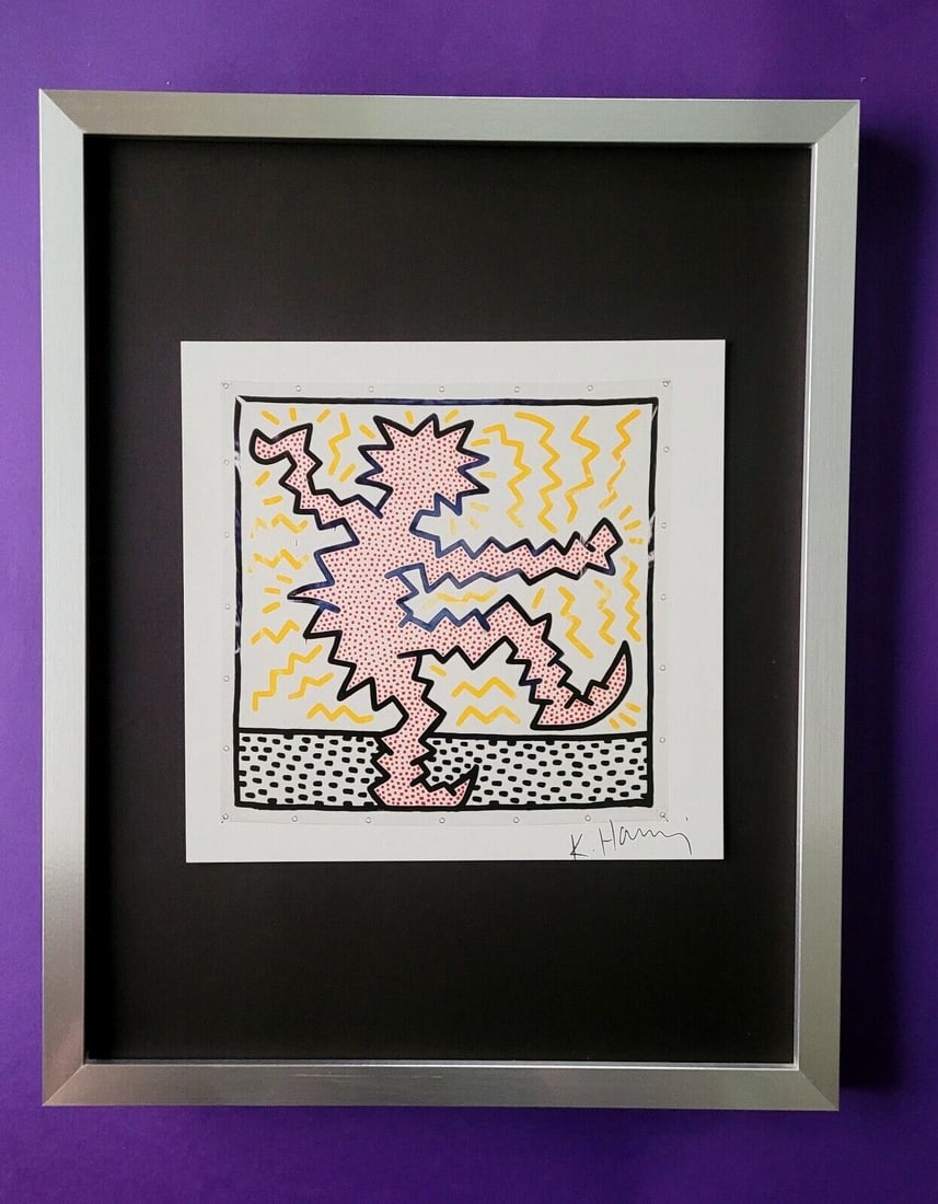 Keith Haring | Vintage Print Signed | Collector Piece Framed: Up for Auction this Beautiful and Scarce Vintage 1989 Offset Lithograph after Keith Haring Facsimile Signed Art Print is about 8 X 8 in. This piece is mounted on a 11 x 14 in. black acid free black bo