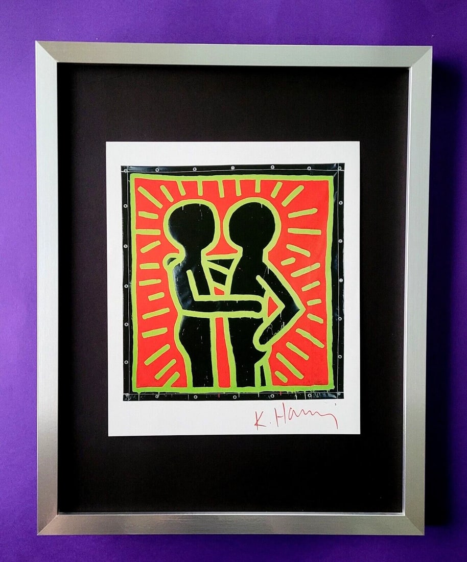 Keith Haring | Vintage Print Signed | Mounted & Framed in Silver: Up for Auction this Beautiful and Scarce Vintage 1989 Offset Lithograph after Keith Haring Facsimile Signed Art Print is about 8 X 8 in. This piece is mounted on a 11 x 14 in. black acid free black bo