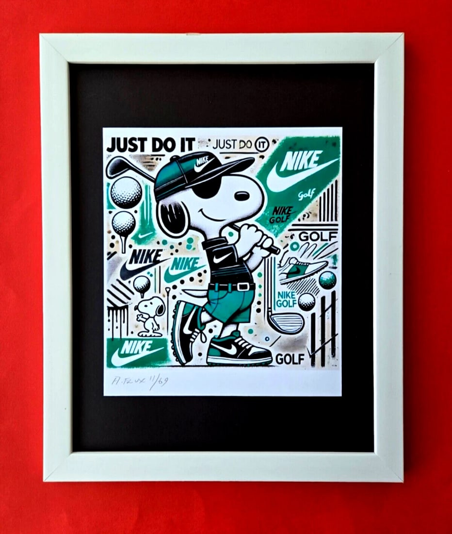 AIDAN FLUX | Hand Signed Authentic Print Framed SNOOPY WEARS NIKE GOLF COA: This is a one-of-a-kind Hand Signed Authentic Giclee by AIDAN FLUX. From his Series "American Icons" The print is 8x8in., measuring framed 16 inches in height and 12 inches in width, it comes framed w