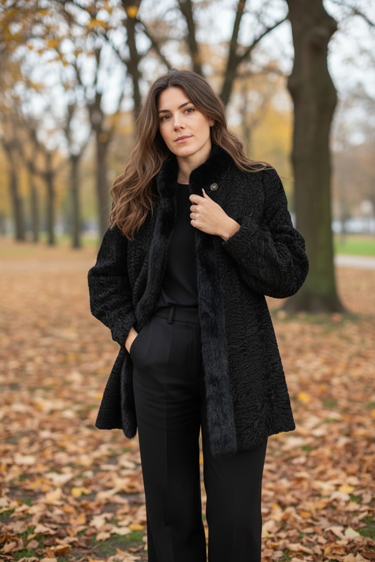 BLACK PERSIAN & MAHOGANY MINK FUR JACKET EU: L ; US: 16: Title: BLACK PERSIAN & MAHOGANY MINK FUR JACKET EU: L ; US: 16 Dimensions: Title:Approximate size- EU: L; US: 16 : Important details: Length: 85cm/33,46in -Shoulders width:46cm/18,11in -Sleeve Length: