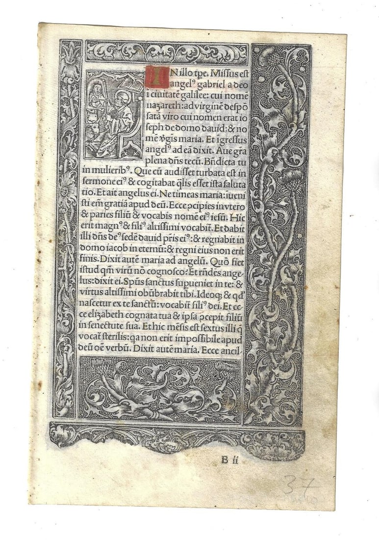1523 Vellum Book of Hours Leaf Colored Initial Engraved (1 of 4)
