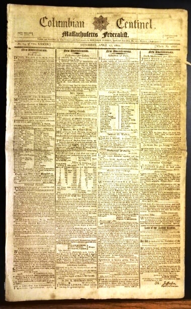 1802 Boston Federalist Newpaper Thomas Jefferson Act (1 of 5)