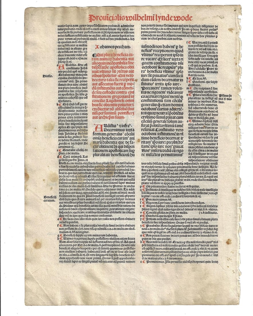 1501 Large Leaf Canterbury Laws Red and Black: Title: 1501 Large Leaf Canterbury Laws Red and Black Additional Info: A leaf from "Provinciale Seu Constitutiones Anglie", by William Lyndewood, printed at Paris by Andre Bocard in 1501. In red and bl