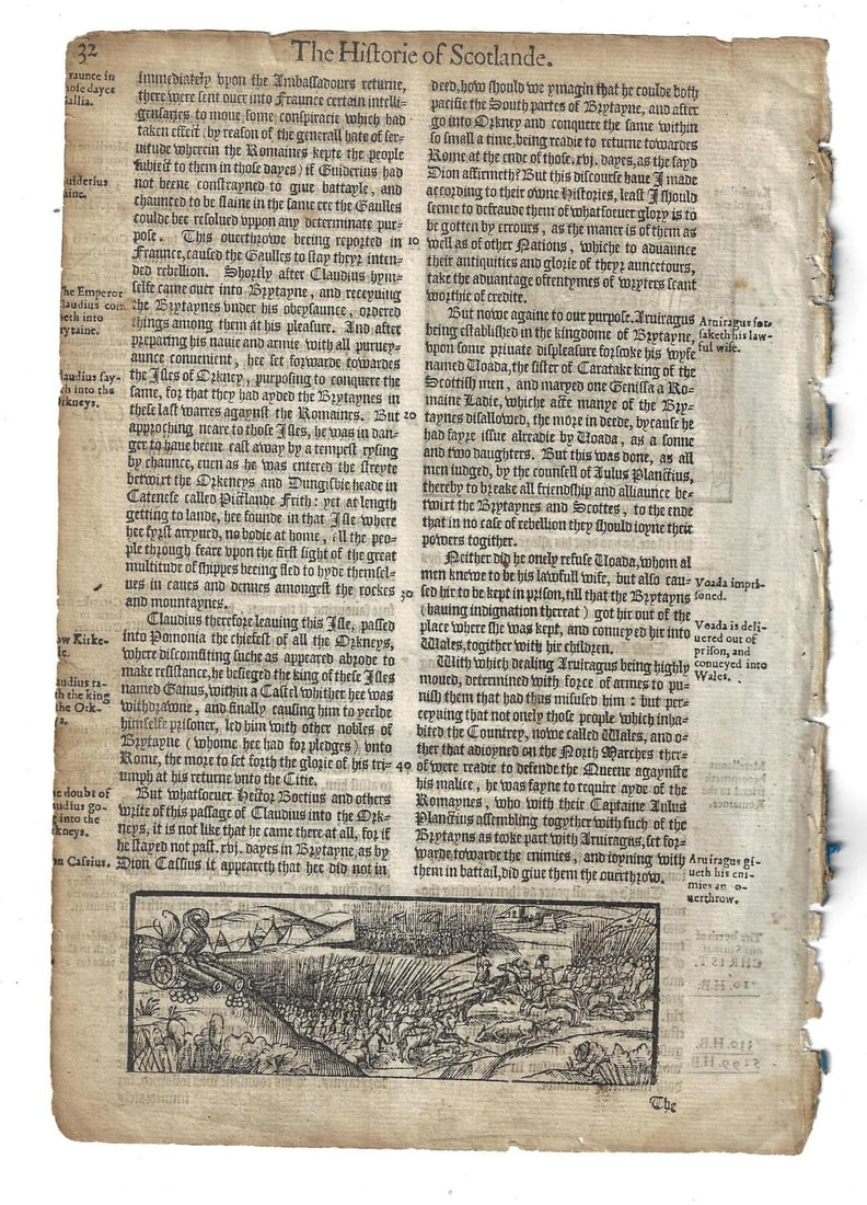 1577 Leaf Holinshed History of Scotland Woodcut (1 of 2)