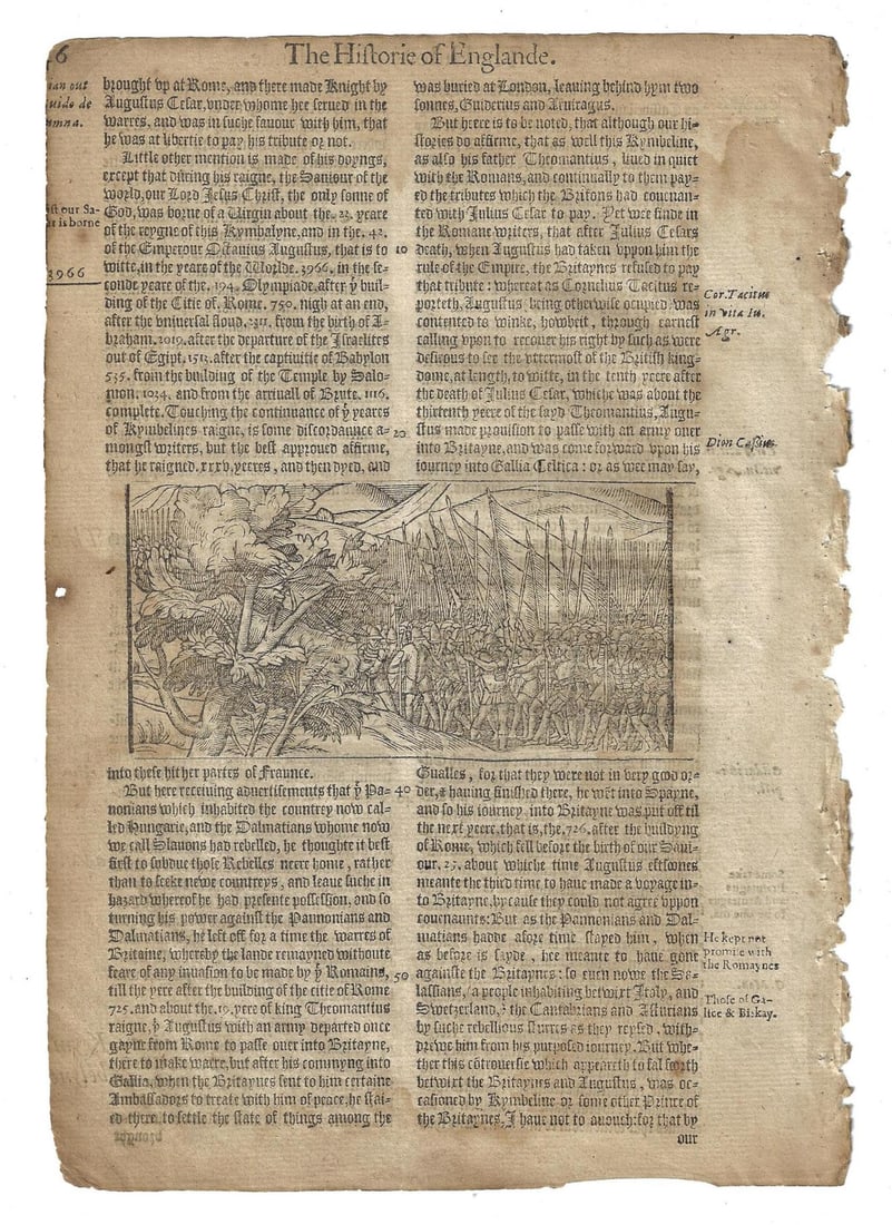 1577 Leaf Woodcut of Army and Roman Rule: Title: 1577 Leaf Woodcut of Army and Roman Rule Additional Info: A leaf from the Historie of Englande by Raphael Holinshed, printed at London in 1577 two , one each side one of an army during Roman ti