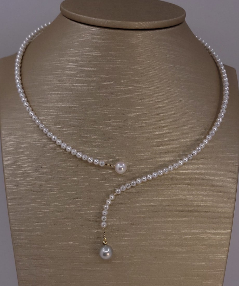 Necklace - 18 krt Yellow gold 7x9 mm Akoya pearls - 3,5 mm freshwater pearls - 7