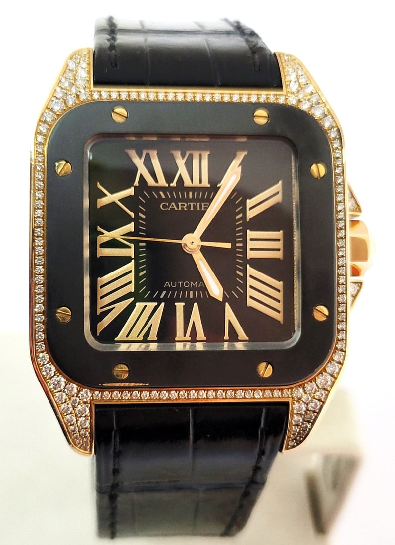 18k Rose CARTIER SANTOS 100 Black Dial Automatic Watch Ref 2879 with Diamonds: 18k Rose CARTIER SANTOS 100 Black Dial Automatic Watch Ref 2879 with Diamonds This Unisex CARTIER watch is Swiss made. Great present for yourself or someone you love! * Solid 18k rose gold case &