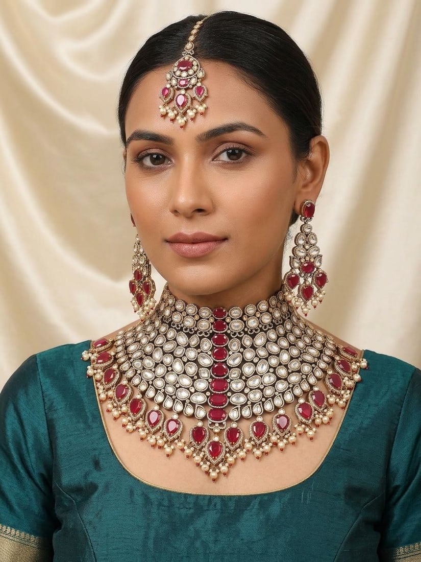 Red Teardrop Stone Studded Kundan Choker Necklace Set with Maang Tikka: Title:Red Teardrop Stone Studded Kundan Choker Necklace Set with Maang Tikka Reference:itemcode : JA0585 Reserve: $1,188.00 Shipping: Domestic: Shipping rates are determined by destination