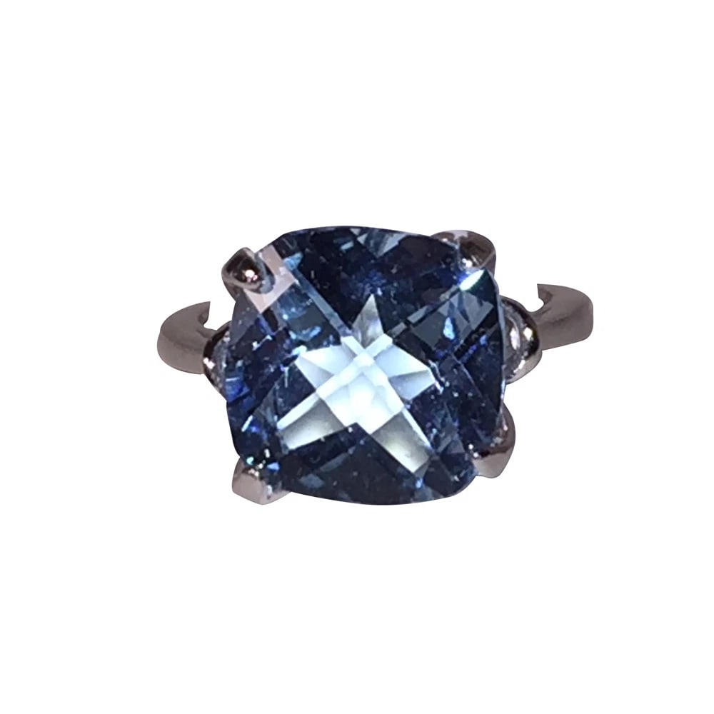 Faceted Blue Topaz Cushion Cut Sterling Cocktail Ring - 2