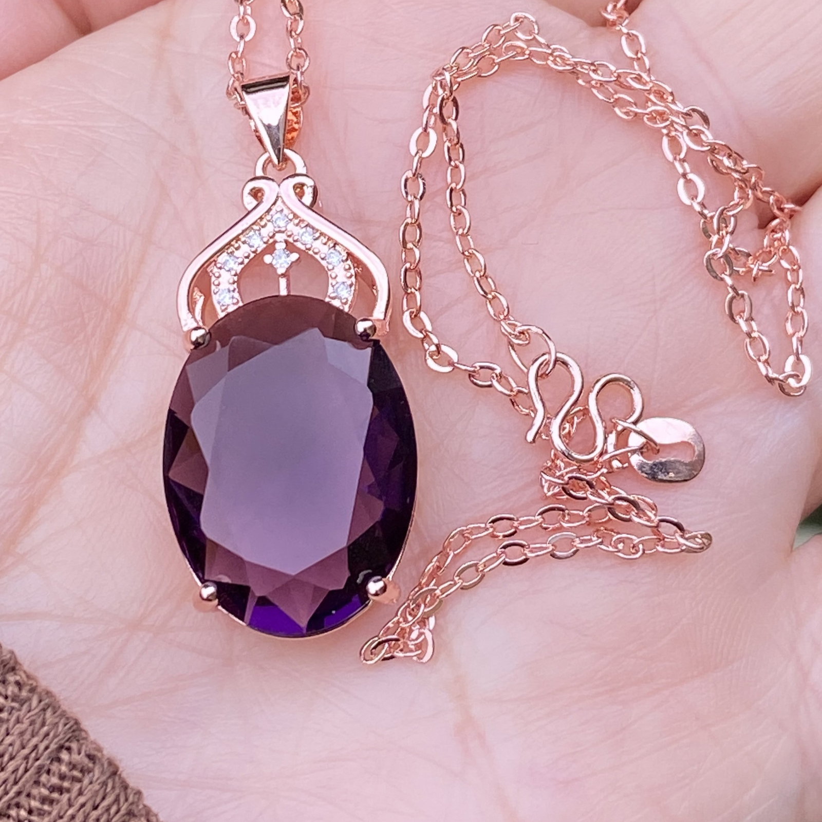 18k Rose Gold plated Gemstone Amethyst inlaid Moissanite Pendant Necklace - 2