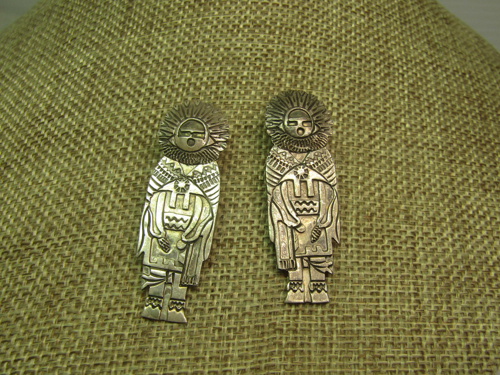 Vintage Sterling Southwestern Sunface Kachina Earrings, Pierced 1960's-1970's, 2" (1 of 5)