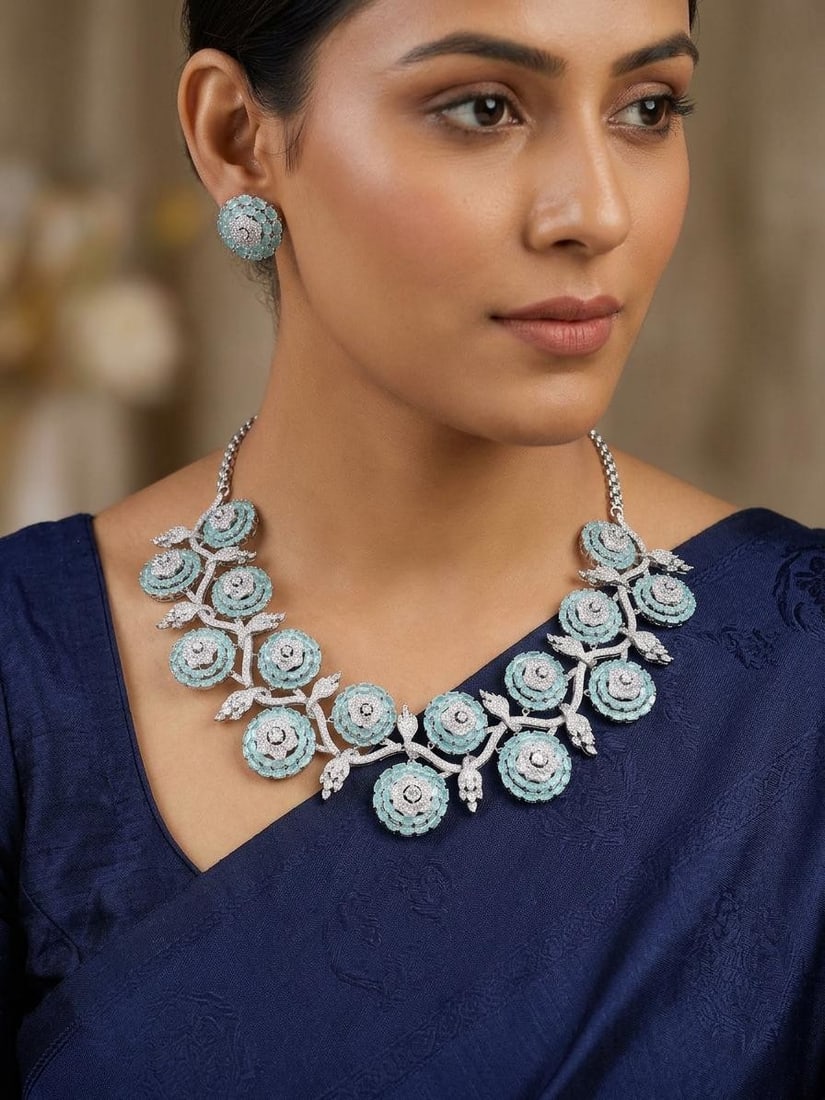 Floral American Diamond Bridal Statement Necklace Set with Stud Earrings: Title:Floral American Diamond Bridal Statement Necklace Set with Stud Earrings Reference:itemcode : JA0670-Sea Green Reserve: $308.00 Shipping: Domestic: Shipping rates are determined by destination I