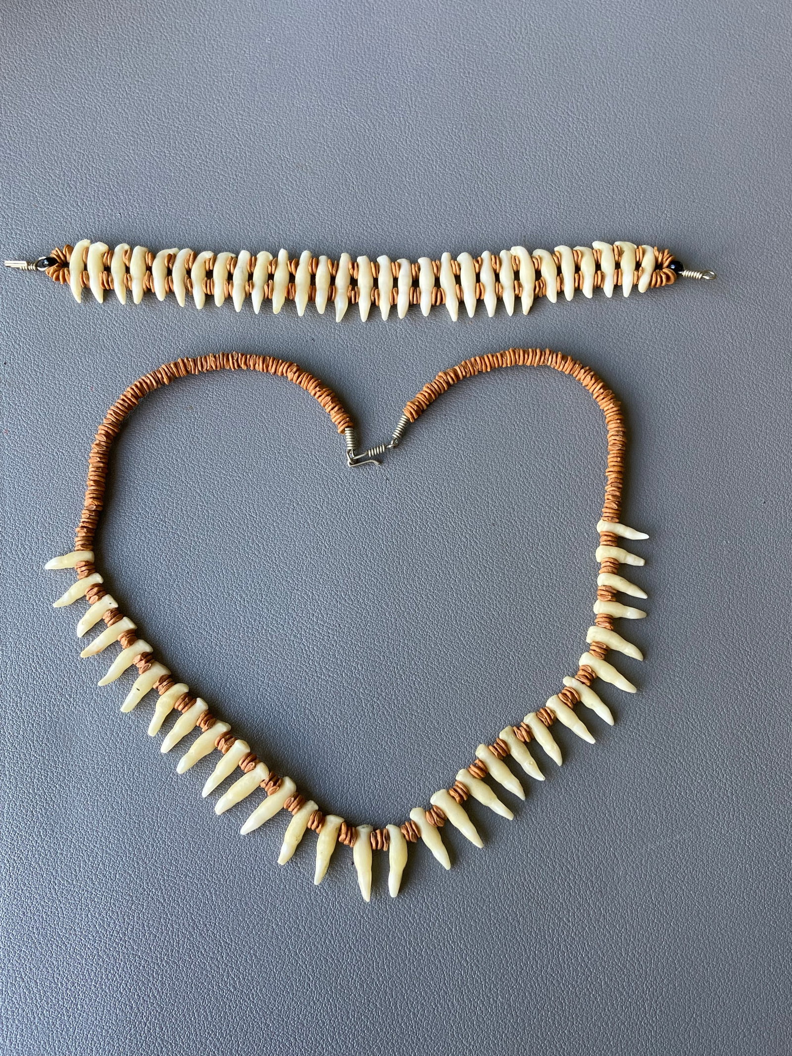 Vintage Tribal Necklace & Bracelet Set with Natural Animal Teeth - 5