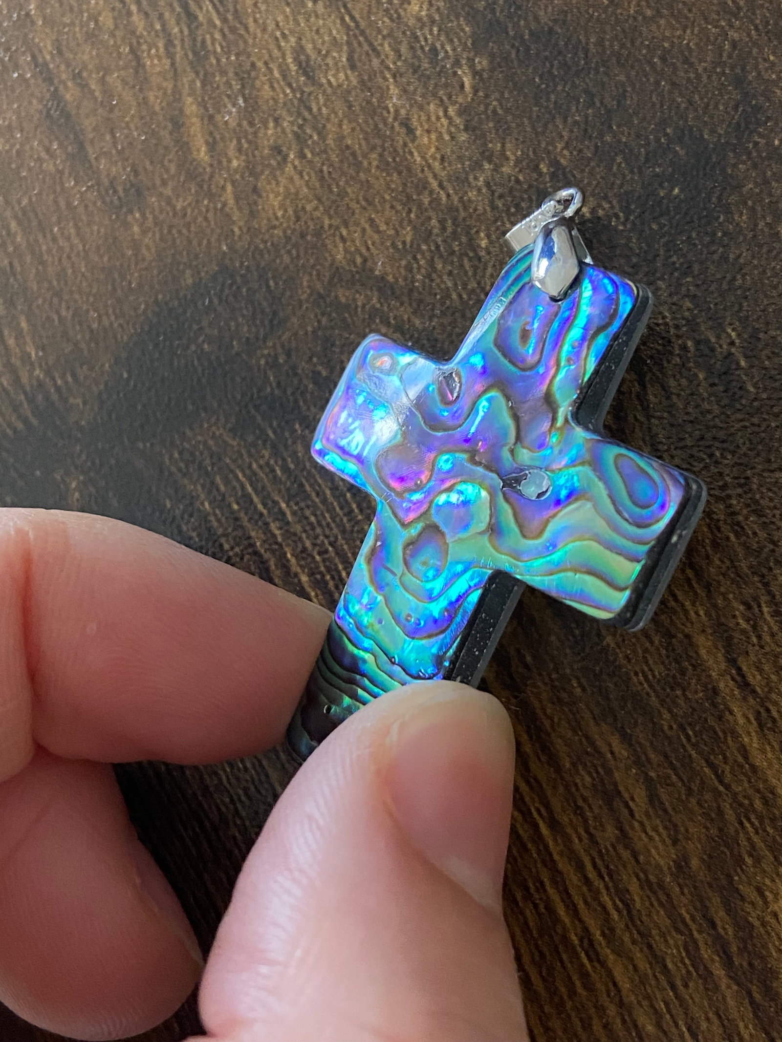 Carved Rainbow Natural Abalone Shell Cross Religion Pendant - 2