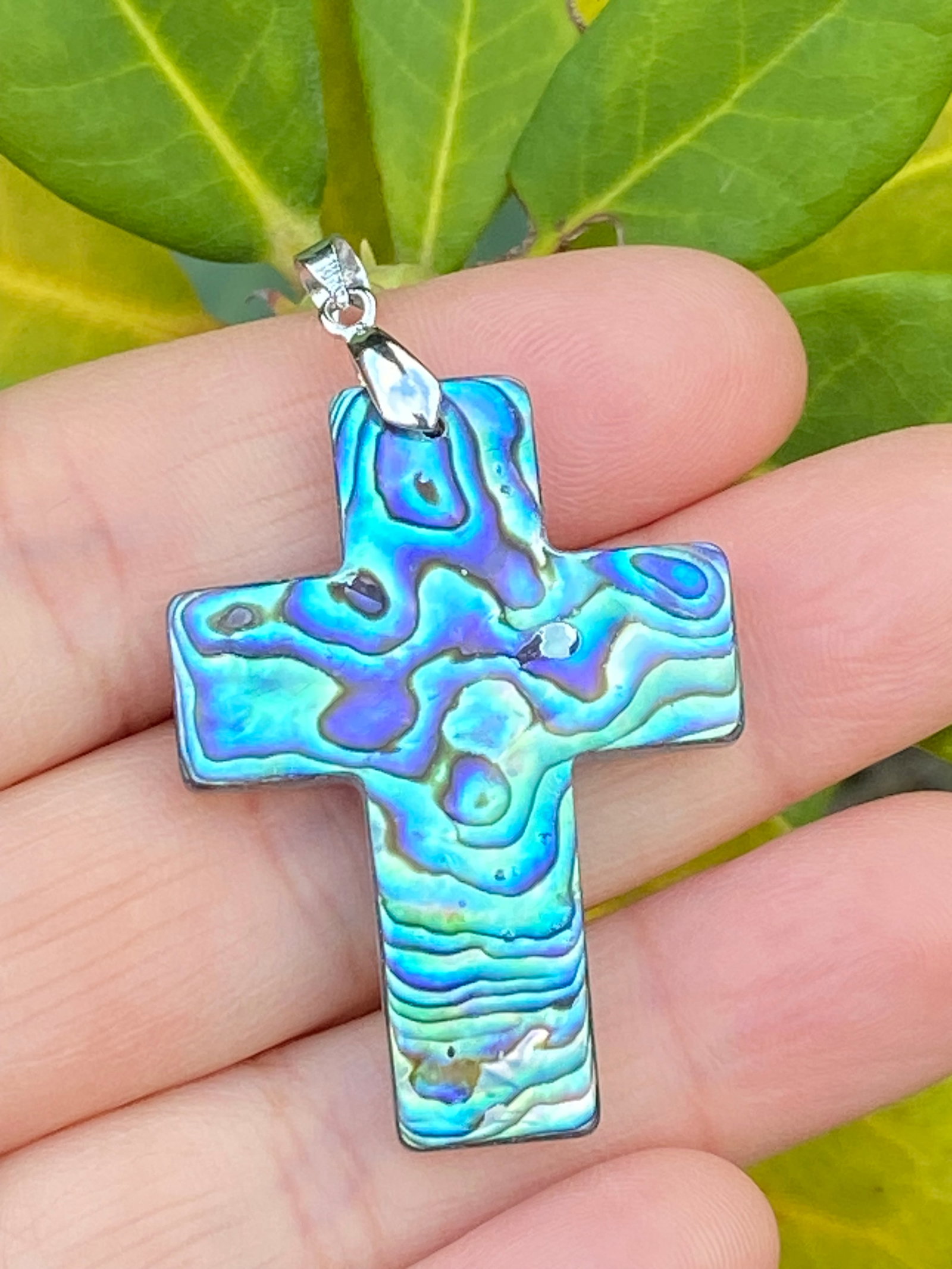 Carved Rainbow Natural Abalone Shell Cross Religion Pendant - 3
