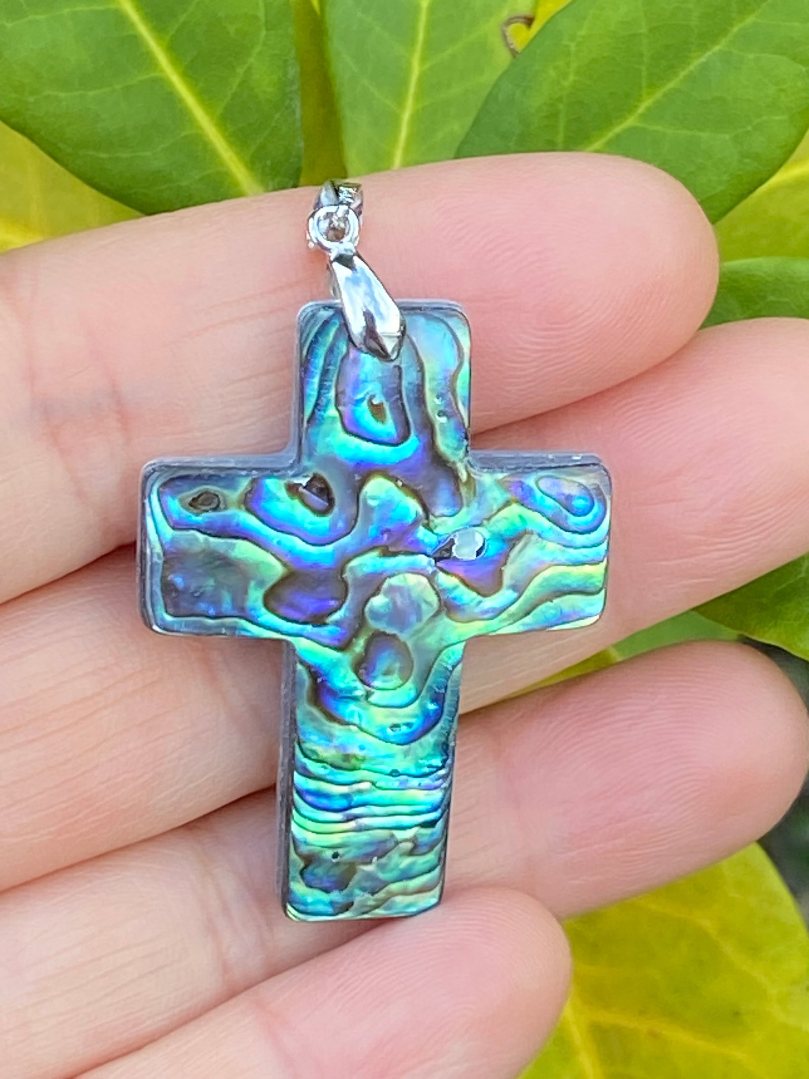 Carved Rainbow Natural Abalone Shell Cross Religion Pendant - 8