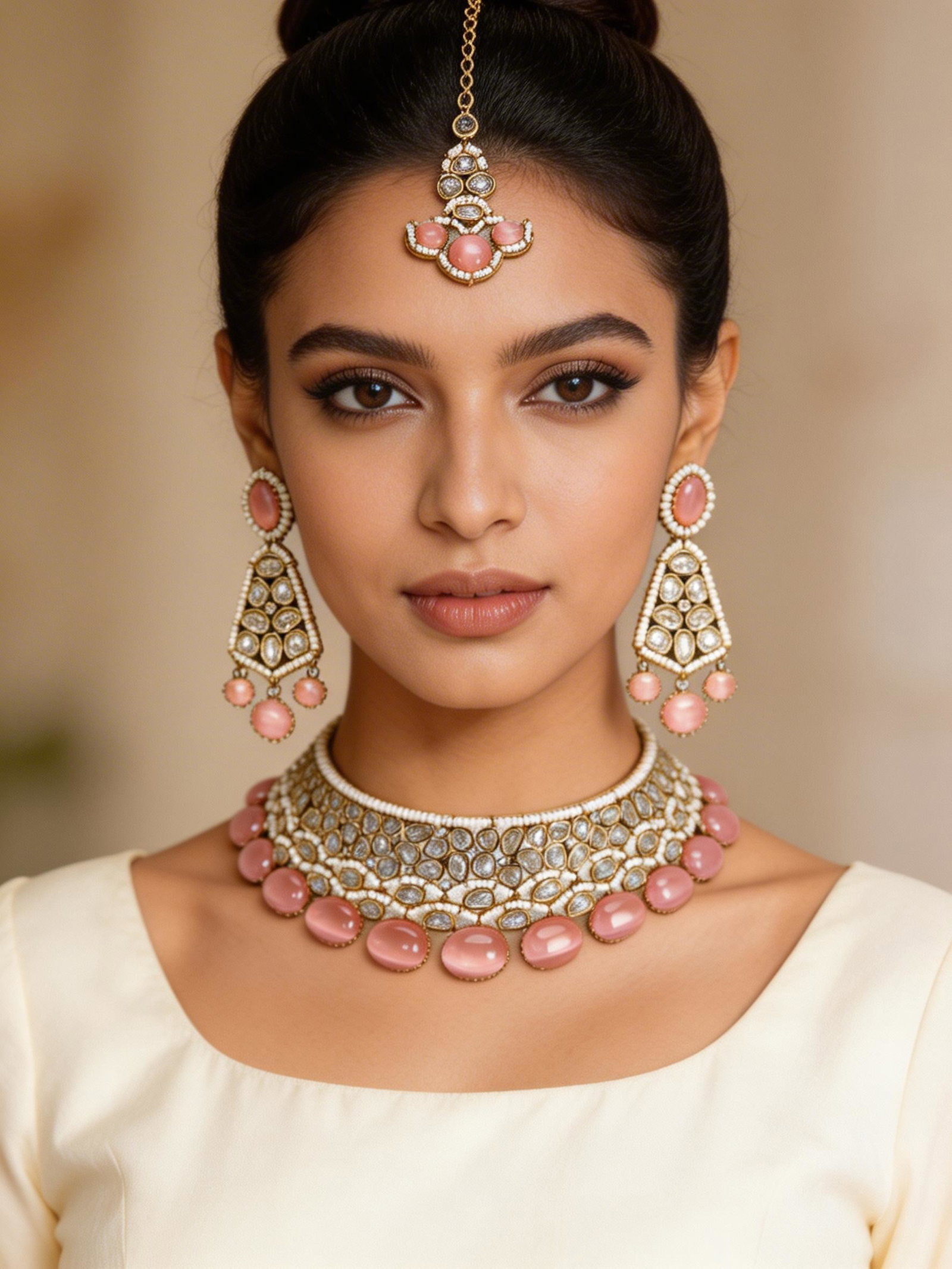 Pink Oval Stone Studded Kundan Bridal Choker Necklace Set with Earrings and Maang Tikka: Title:Pink Oval Stone Studded Kundan Bridal Choker Necklace Set with Earrings and Maang Tikka Reference:itemcode : JA0587 Reserve: $281.00 Shipping: Domestic: Shipping rates are determined by