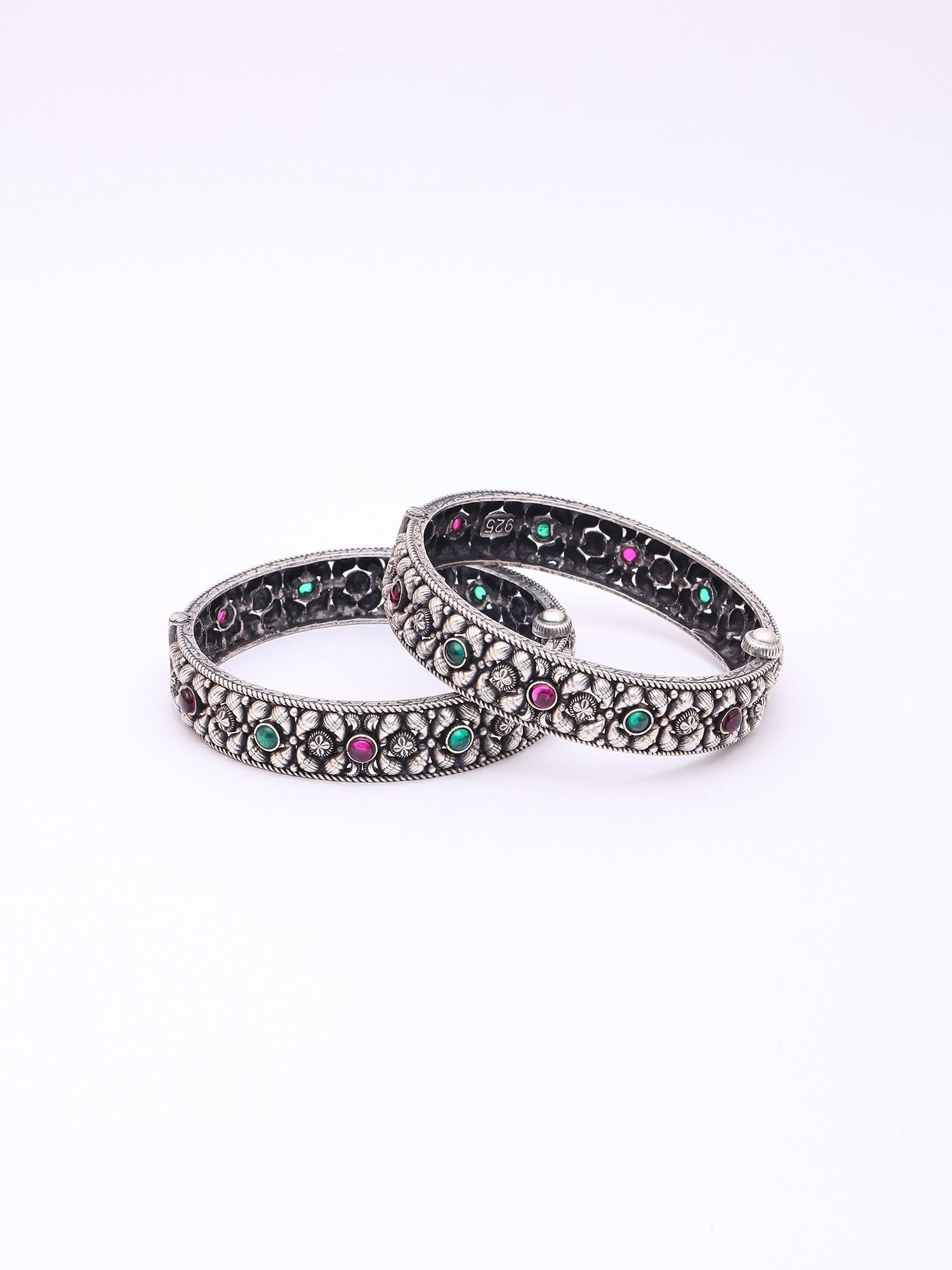 Beaded Floral Design Sterling Silver Openable Bangles (Pair) - 2