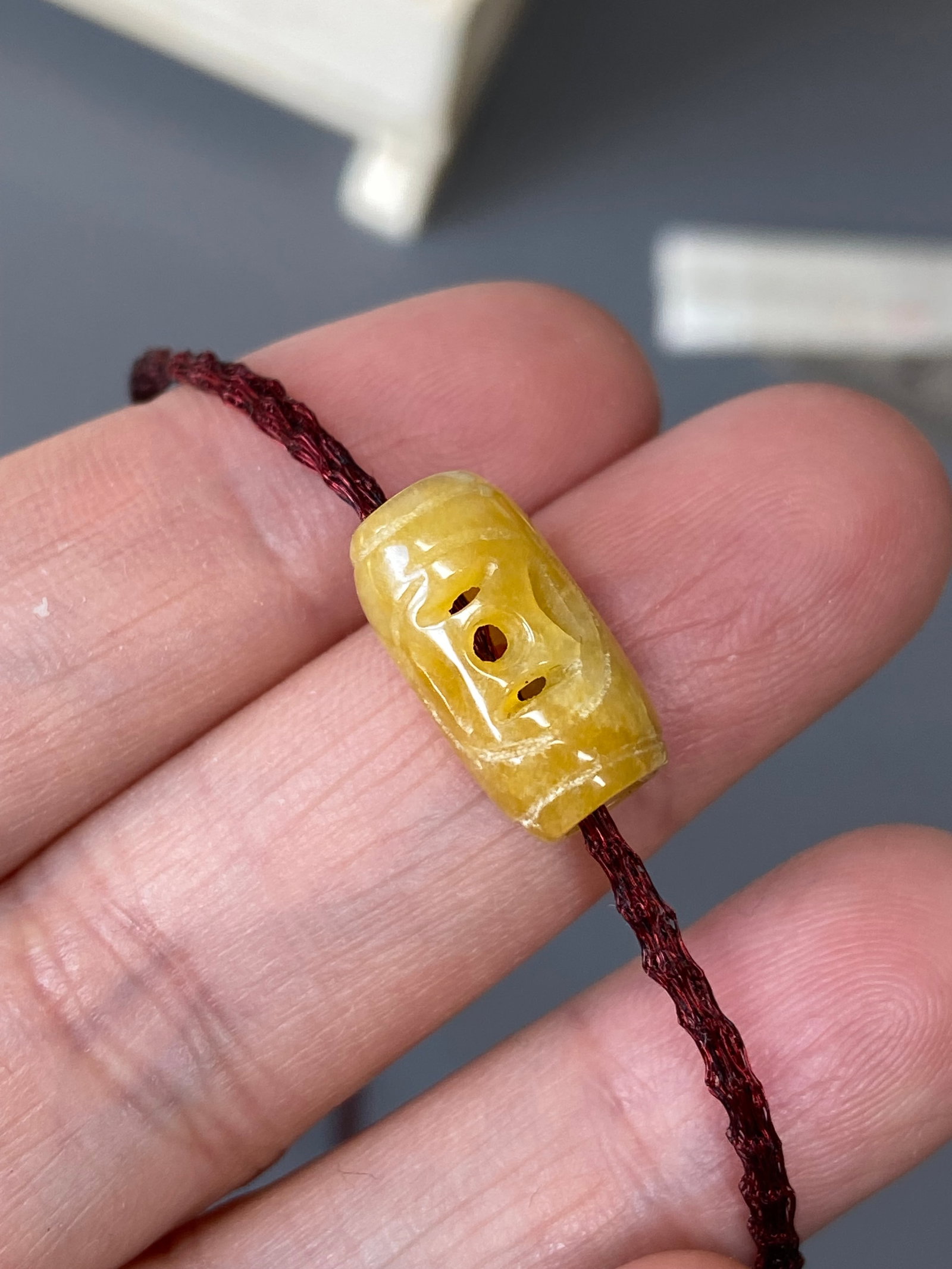 Antique Hand-Carved Yellow Jade Bead Pendant - 8