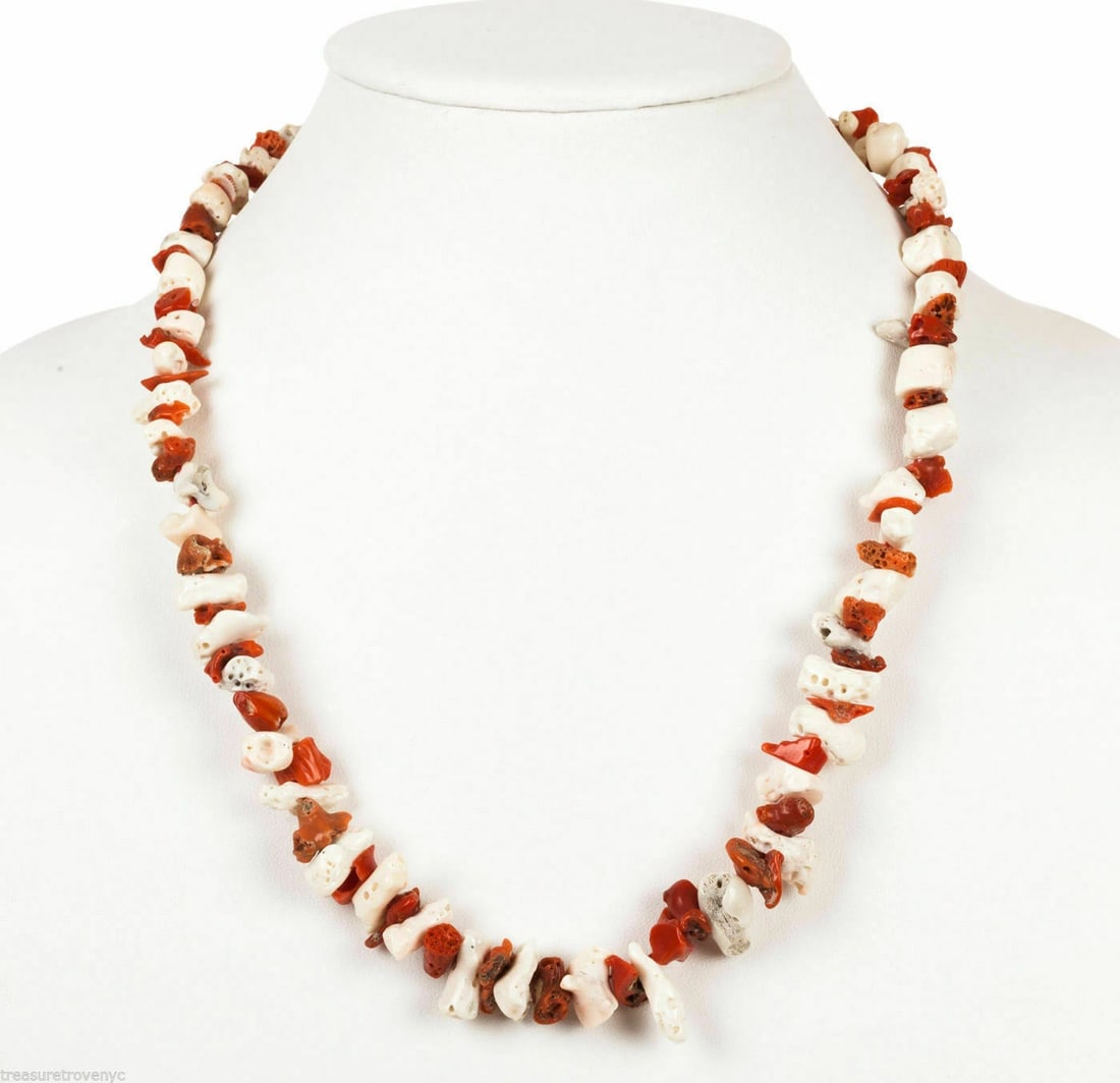Les Bernard Red and White Mediterranean Nugget Coral Necklace: Title:Les Bernard Red and White Mediterranean Nugget Coral Necklace Description:Natural red and white coral nuggets beads of different shapes and sizes. Circa, 1940’s. Necklace is 22" long, and