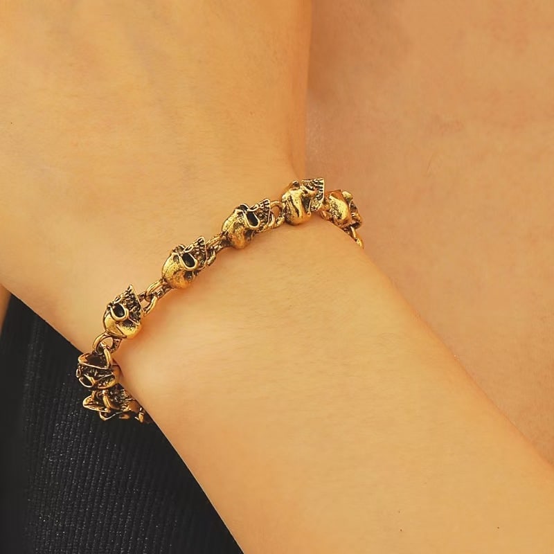 Gold-Plated Titanium Steel Skull Bracelet - 13 Skull Beads, Gothic Punk Jewelry - 2