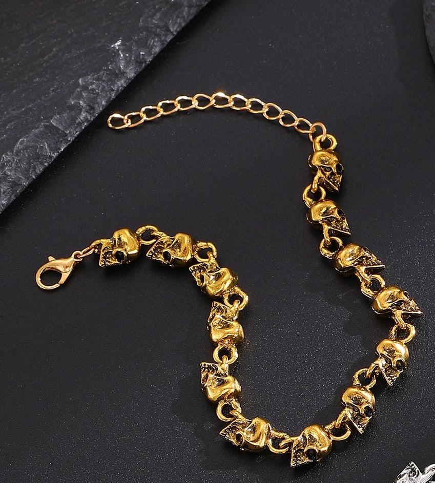 Gold-Plated Titanium Steel Skull Bracelet - 13 Skull Beads, Gothic Punk Jewelry - 3
